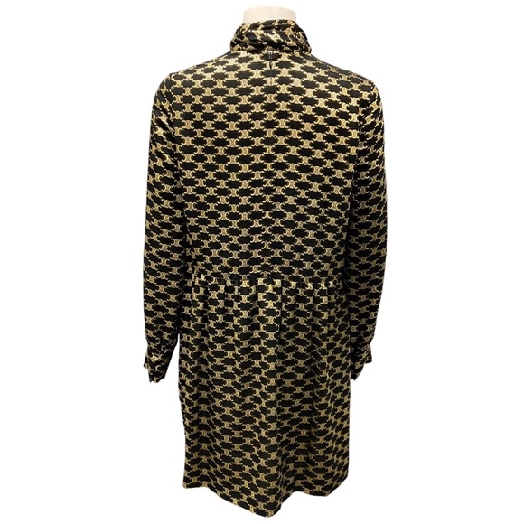 CELINE BLACK / GOLD METALLIC FALL WINTER 2022 TRIOMPE LOGO TIE NECK SILK DRESS - Picture 3 of 7